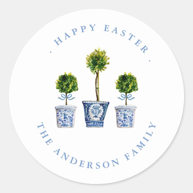 Topiaries Blue & White Happy Easter Label / Sello (Anverso)