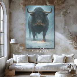 Toro cargando en la nieve Arte occidental azul de 