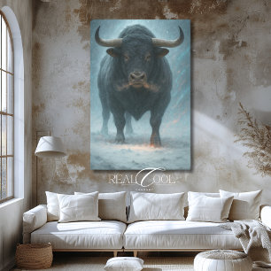 Toro cargando en la nieve Arte occidental azul de