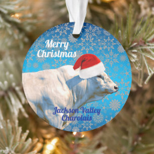 Toro charolés en Santa Hat Ornamento de Navidad