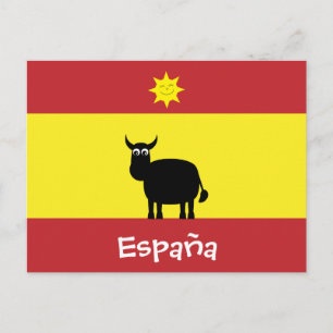 Toro español, bandera y postal sonriente