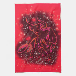 Toro Rojo Corriendo Cocina Toalla Starry Noche