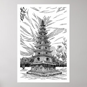 Torre de Pagoda Negra y Blanca - Boceto de Arte de