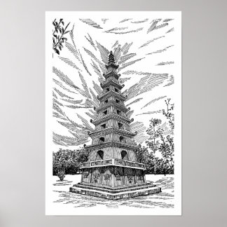 Torre de Pagoda Negra y Blanca - Boceto de Arte de