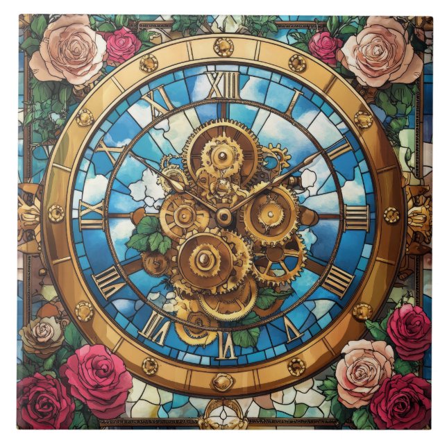 Torre del Reloj Steampunk Baldosa Cerámica (Frente)