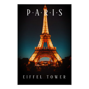 Torre Eiffel De Noche, París, Poster Negro
