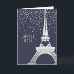 Torre Eiffel del navidad de París con nieve en la<br><div class="desc">Esta tarjeta preciosa del día de fiesta muestra una imagen de plata de la torre Eiffel contra un fondo azul profundo, con la nieve cayendo suavemente para crear una escena mágica, romántica. La tarjeta dice "Joyeux Noel", o "Felices Navidad" en francés, pero usted puede cambiar fácilmente esto usando la plantilla....</div>