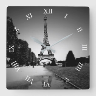 Torre Eiffel En B&W Reloj De Pared Cuadrado De Luz