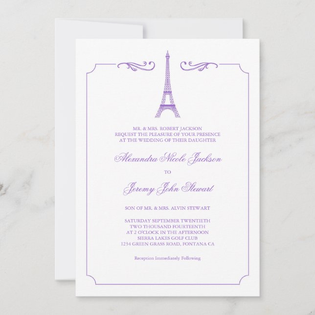 Torre Eiffel en Lavender Elegante invitación a la  (Anverso)