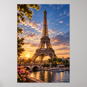 Torre Eiffel París Atardecer Río Sena Arte de Pare