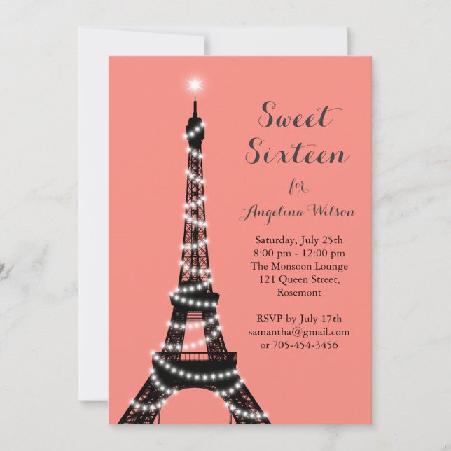 Torre Eiffel Twinkles Sweet 16 Invitación (Anverso)