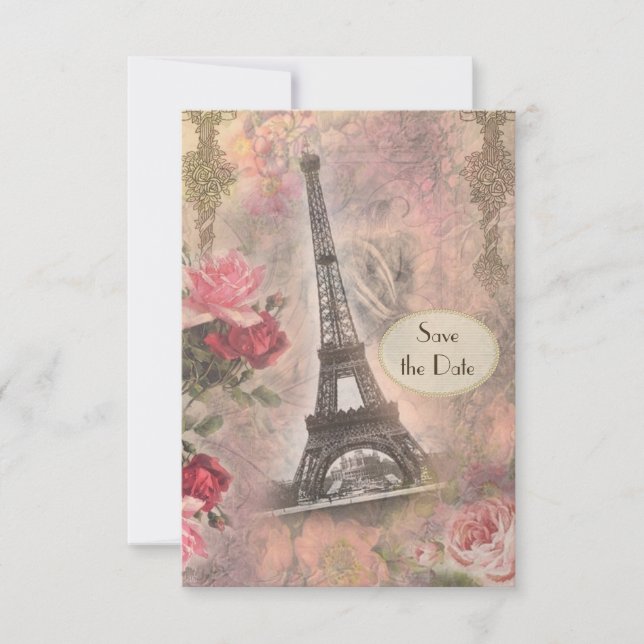 Torre Eiffel y Rosas Shabby Chic Anuncio de Fecha  (Anverso)
