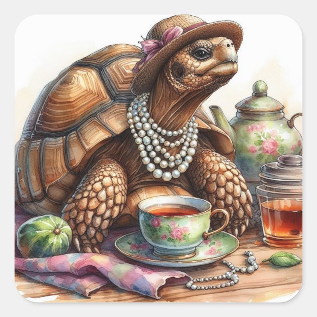 Tortoise With Tea Square Pegatinas (Anverso)