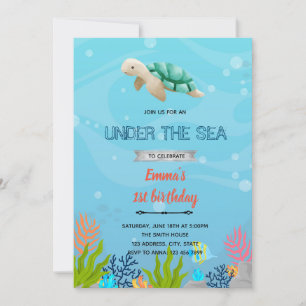 Tortuga bajo invitación de cumpleaños al mar