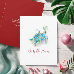 Tortuga de mar acuarela de Navidad costera