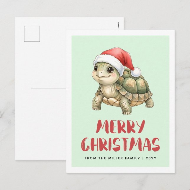 Tortuga de Navidad con sombrero de Santa acuarela  (Anverso / Reverso)