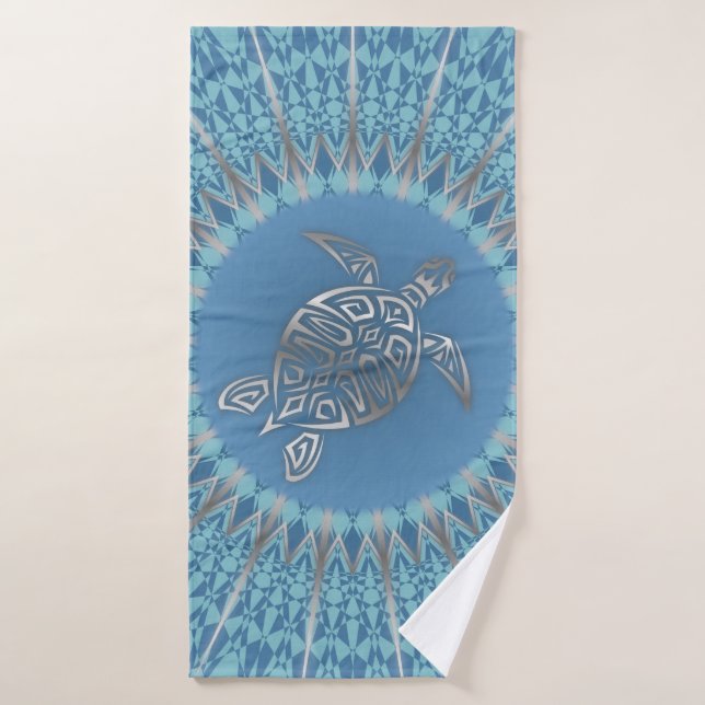 Tortuga de plata azul y Mandala (Toalla de baño)
