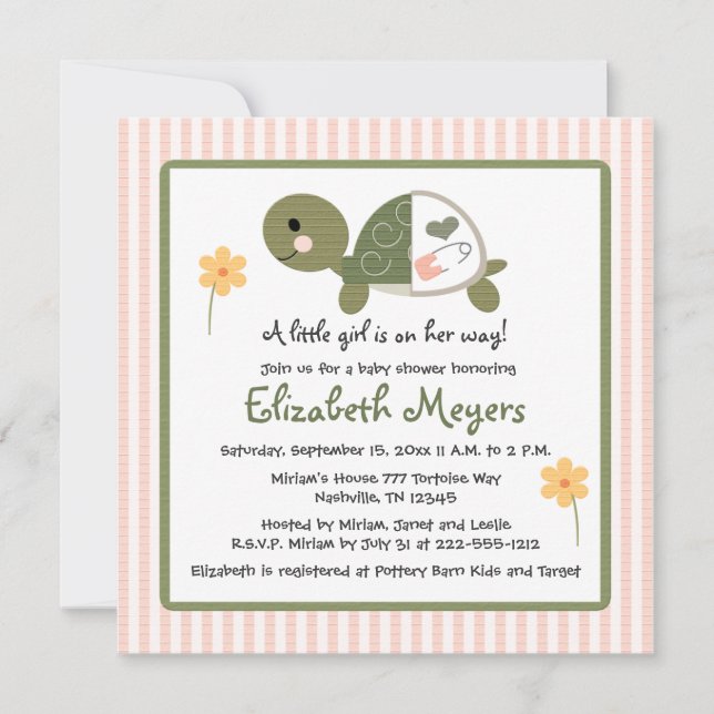 Tortuga en rosa de las invitaciones de Baby Shower (Anverso)