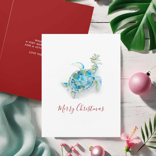 Tortuga Marina de Navidad Costera Aquarela (Beach Christmas cards watercolor sea turtle art by Victoria Grigaliunas Do Tell A Belle)