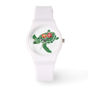 Tortuga marina honu con reloj hibisco