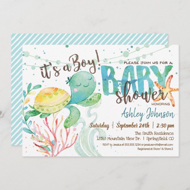 Tortuga marina, invitación al océano Baby Shower,  (Anverso / Reverso)
