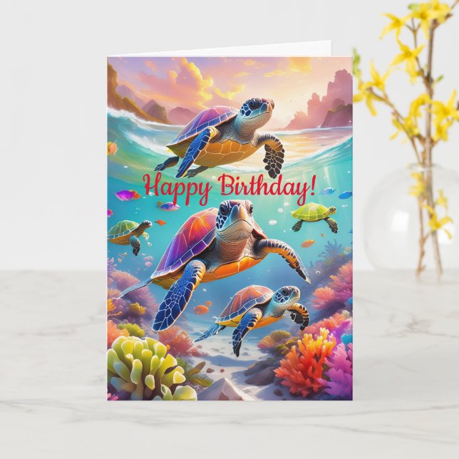 Tortugas coloridas, tarjeta de cumpleaños plegada  (flor amarilla)