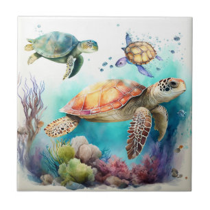 Tortugas Marinas, Acuarela, Baldosa Cerámica de Ar