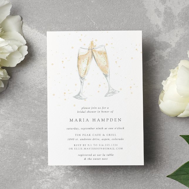 Tosta de champaña | Invitación a la ducha de novia (Champagne themed bridal shower invitation printed on matte white paper)