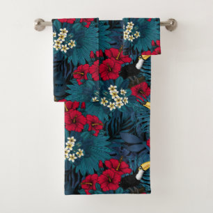 Toucans and tropical flora, green and red