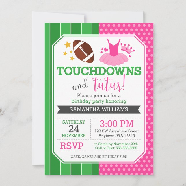 Touchdowns e invitaciones de cumpleaños de Tutus (Anverso)