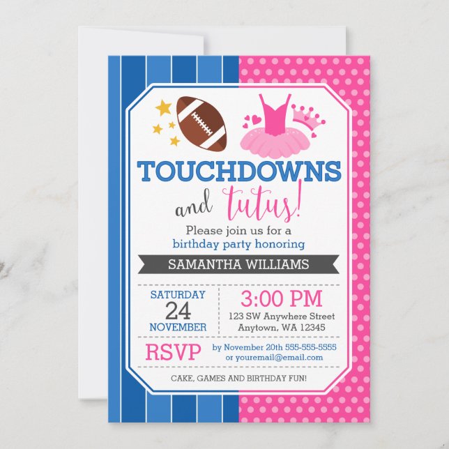 Touchdowns y Tutus Invitación al cumpleaños azul r (Anverso)