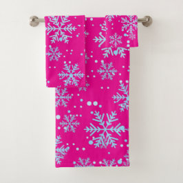 Towel Set, Bright Fuchsia Snowflakes