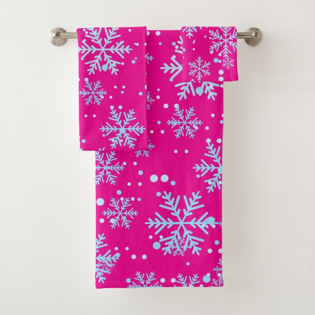 Towel Set, Bright Fuchsia Snowflakes (In situ)