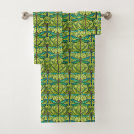 Towel with a vibrant pattern of green and blue 