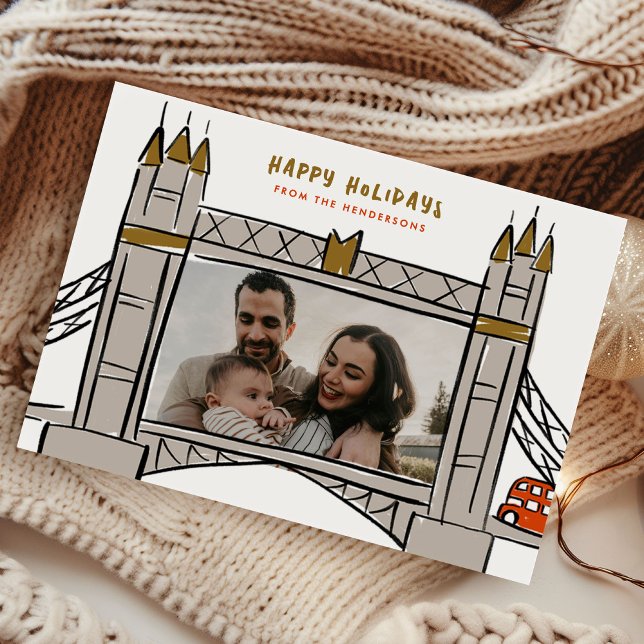 Tower Bridge London Doble Decker Navidad Foto (Tower Bridge London Double Decker Bus Illustration Christmas Photo Holiday Card)