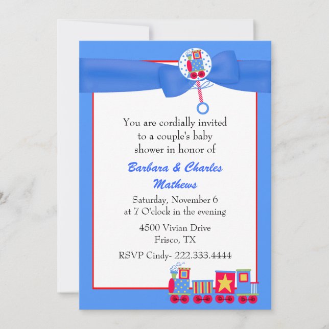 Toy Train Baby Boy Invitación a la ducha de la par (Anverso)