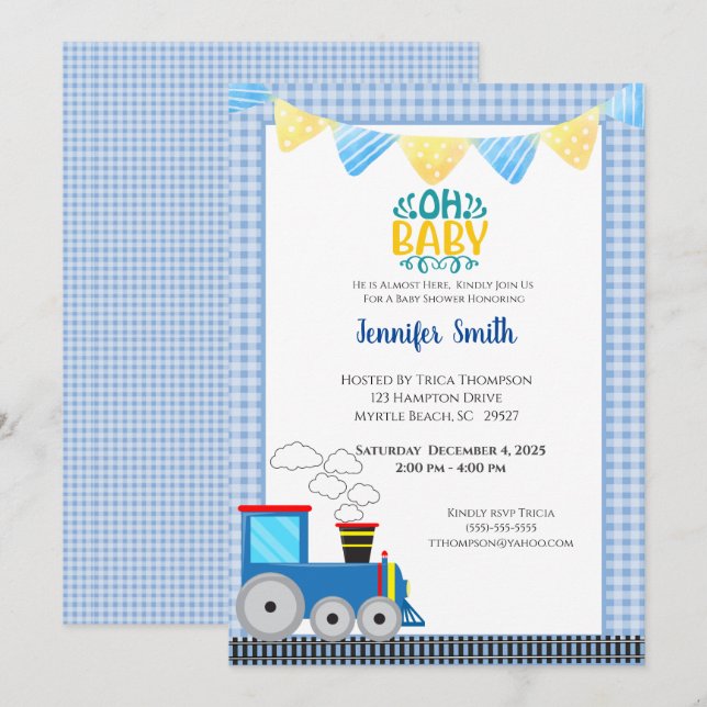 Toy Train Boys Blue Baby Shower Invitación (Anverso / Reverso)