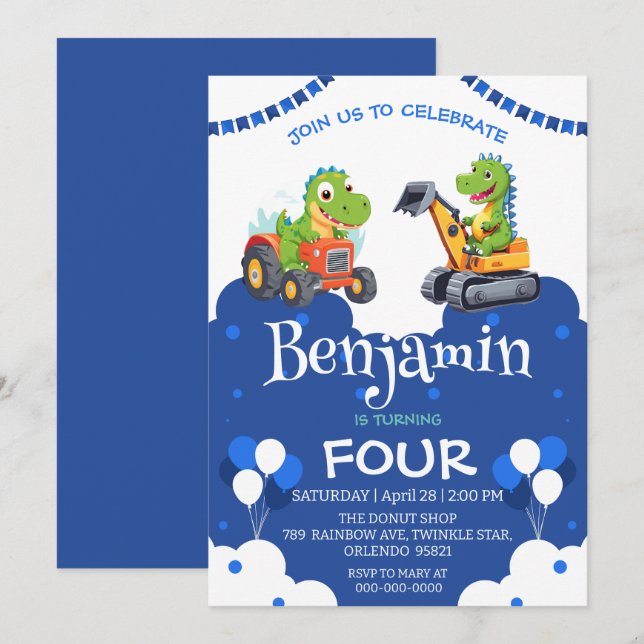 Tractor de dinosaurio lindo cavar globo de camión  (Anverso / Reverso)