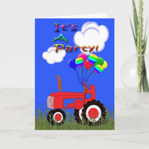 Tractor rojo con tarjeta de invitación del partido