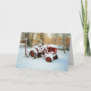 Tractor Rojo En Tarjeta De Nieve