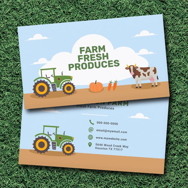 Tractor, vaca y verduras - Tarjeta de presentación (Tractor, Cow and Vegetables - Farm Business Card)