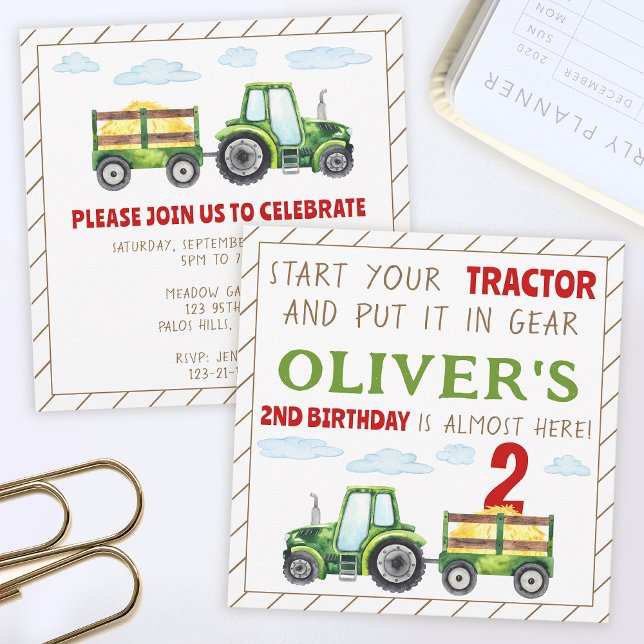 Tractor verde 1ª invitación de niño de 2º cumpleañ (Subido por el creador)