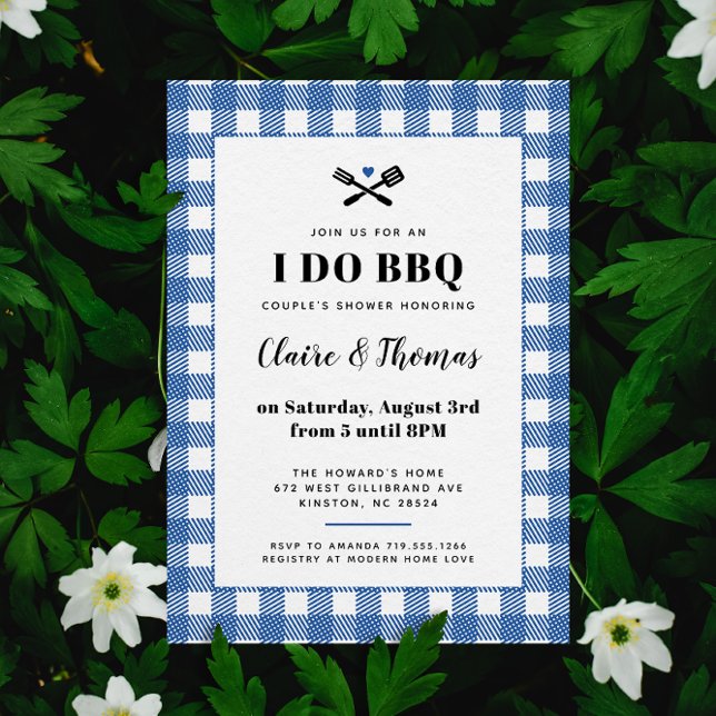 Traje azul picnic I Invitación a barbacoa (Blue and white sweet country gingham plaid I Do BBQ wedding party invitation )