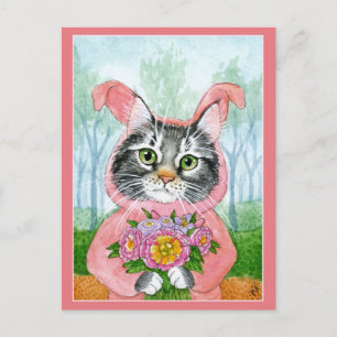 Traje de conejo de felino lindo flores rosa postal