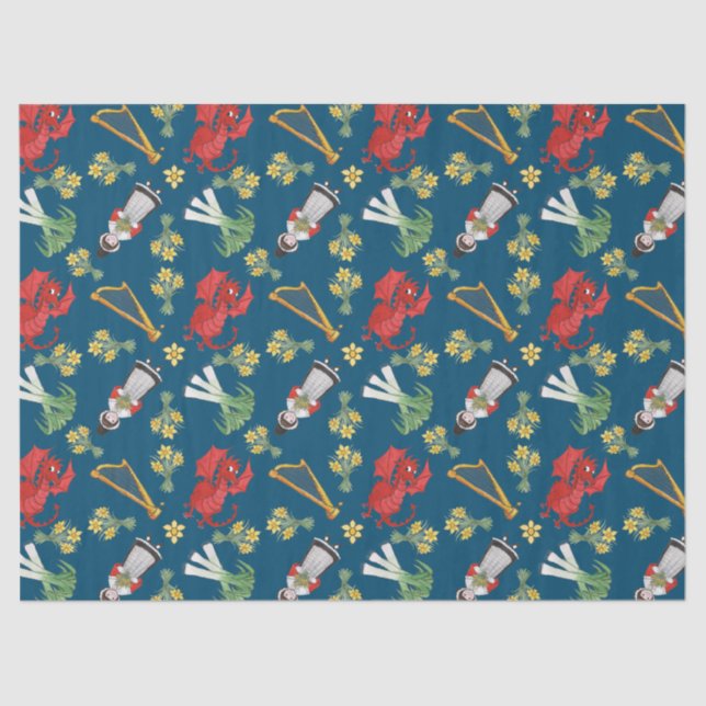 Traje y emblemas Galés en el papel seda azul (Anverso)