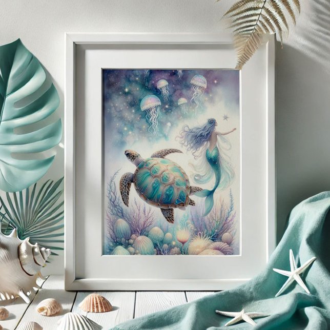 Tranquilidad de la tortuga marina y arte de la par (beach pictures mermaid and sea turtle drawing by Do Tell A Belle. Shop)