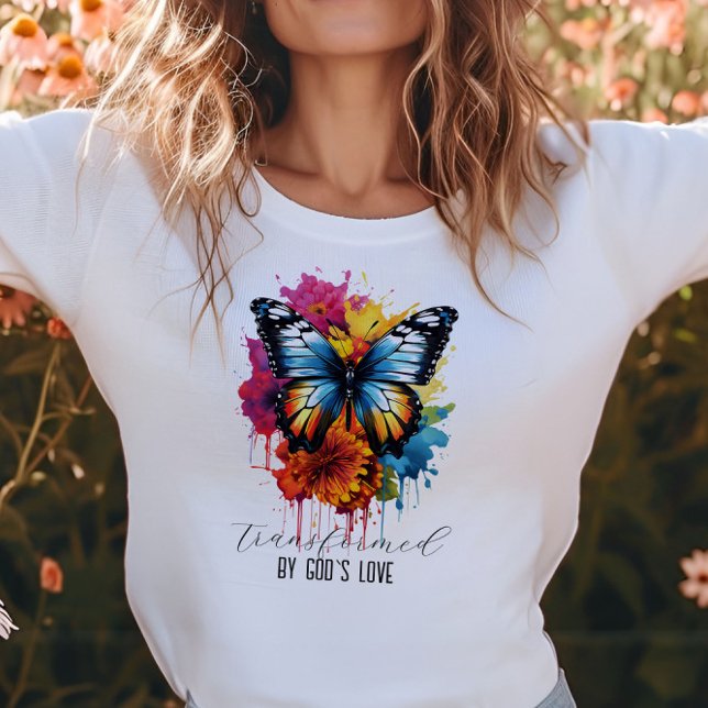 Transformado por la camiseta de la acuarela de amo (Transformed by God's Love Watercolor T-Shirt)