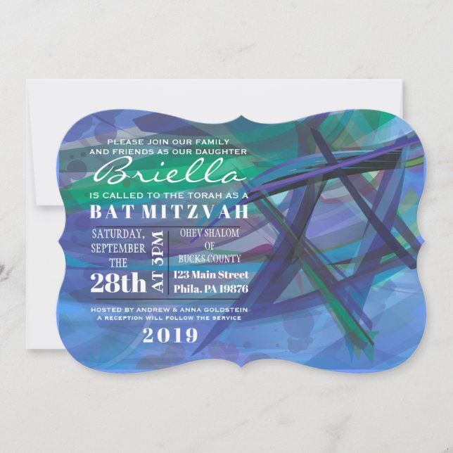 TRANSPARENTE STAR Bat Bar Mitzvah Invitación azul (Anverso)