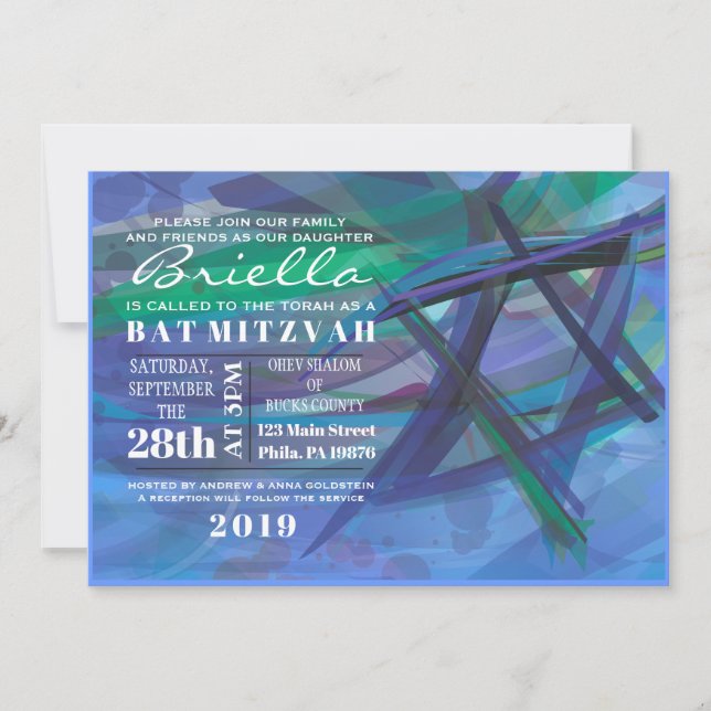 TRANSPARENTE STAR Bat Bar Mitzvah Invitación azul (Anverso)