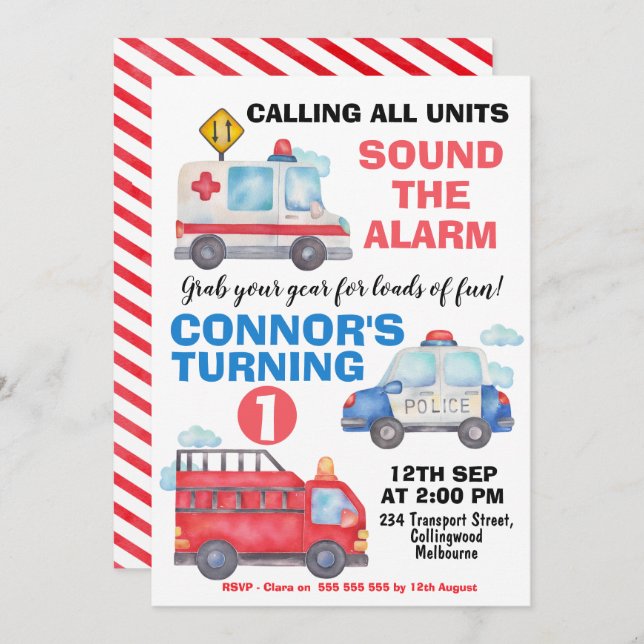 Transporte acuarela de niños Invitación al primer  (Anverso / Reverso)